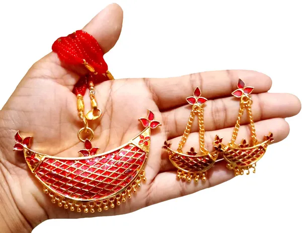 Assamese_Traditional_Gold_Plated_Red_Colour_Joonbiri_Tassel_Jewellery_Set_For_Women